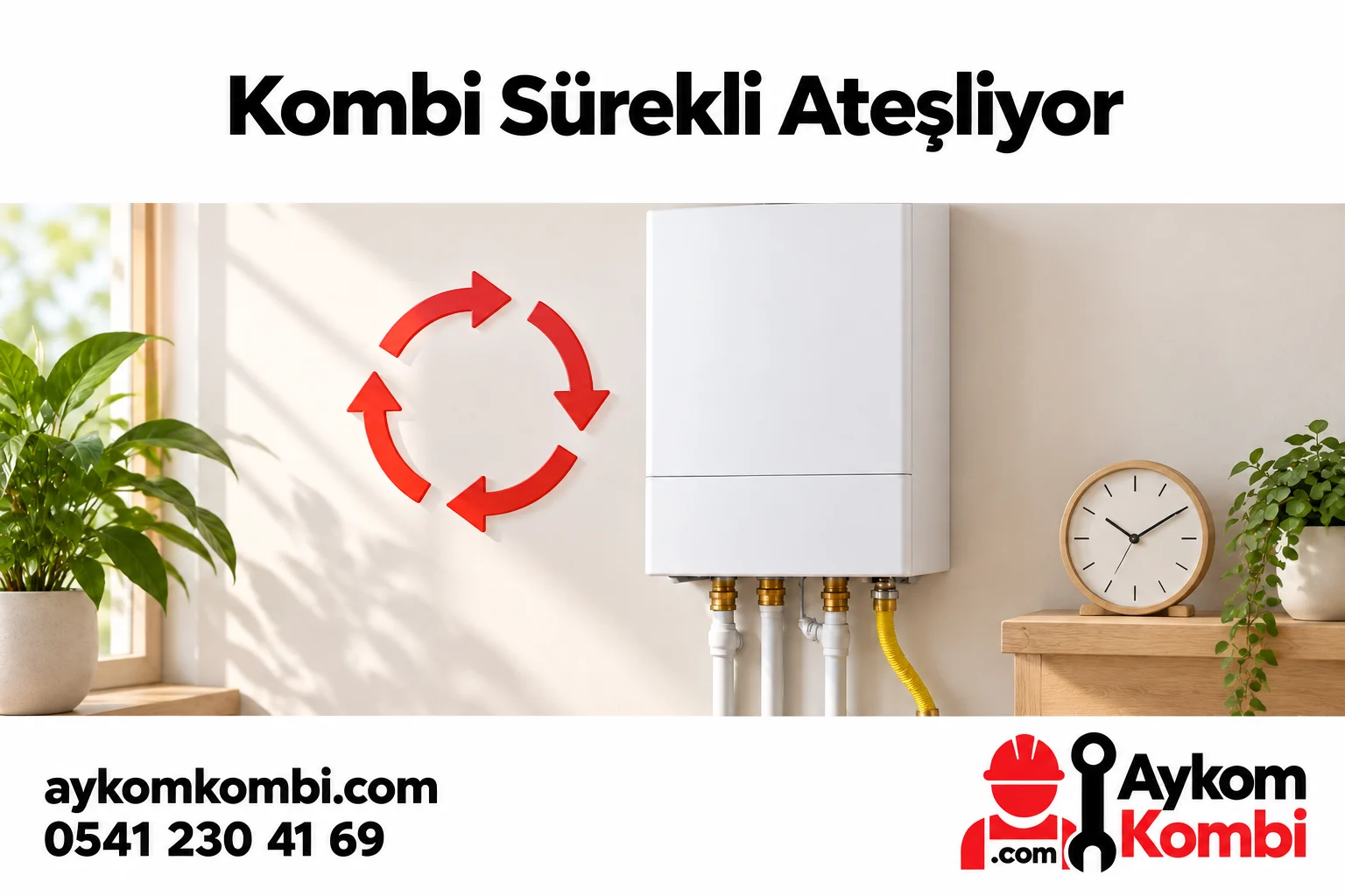 Kapalı kombi, döngü okları ve saatle sık devreye girmeyi anlatan illüstrasyon