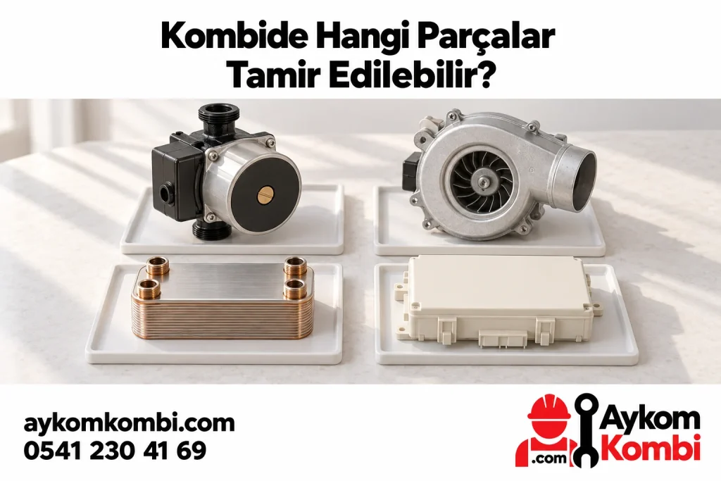 Pompa, fan, eşanjör ve kapalı elektronik modülün ayrı sunulduğu parça değerlendirme illüstrasyonu