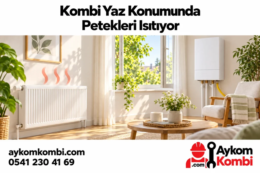 Güneşli yaz ortamında petekten yayılan temsili ısıyı ve kapalı kombiyi gösteren illüstrasyon