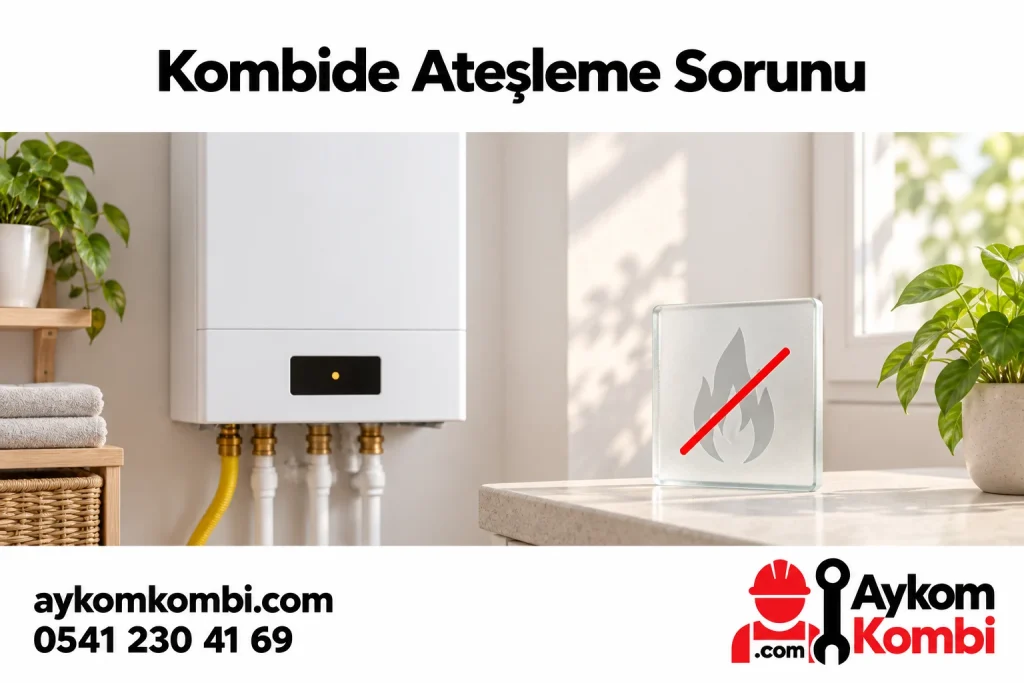Kapalı kombi ve üzeri çizili alev simgesiyle ateşleme sorununu anlatan illüstrasyon