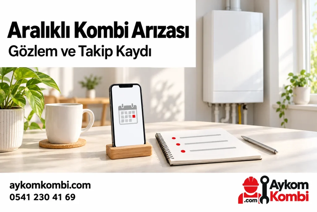 Aralıklı kombi şikâyetlerini tarihli kaydetmeyi anlatan Aykom illüstrasyonu