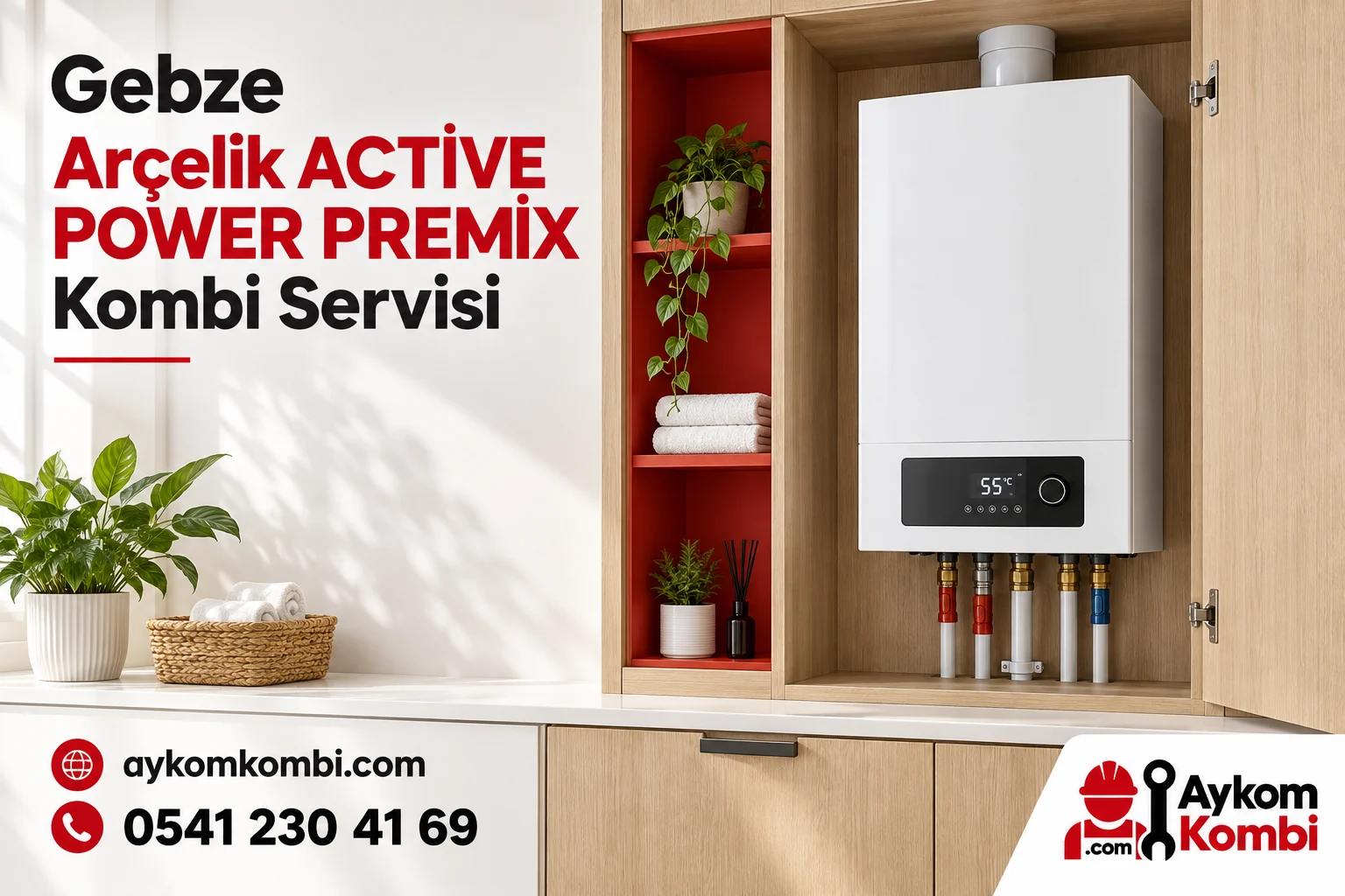 Arçelik ACTİVE POWER PREMİX servis sayfası için temsili ısıtma cihazı ve Aykom kurumsal kapak tasarımı