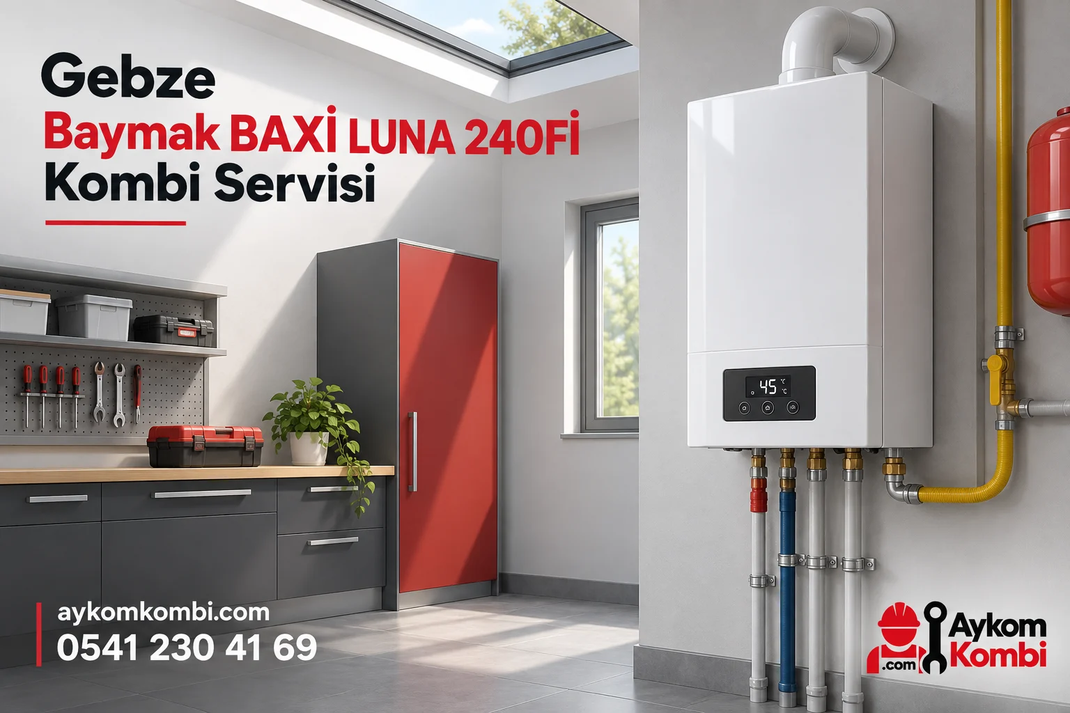 Baymak BAXİ LUNA 240Fİ servisi için temsili ısıtma cihazı ve Aykom kurumsal tasarımı