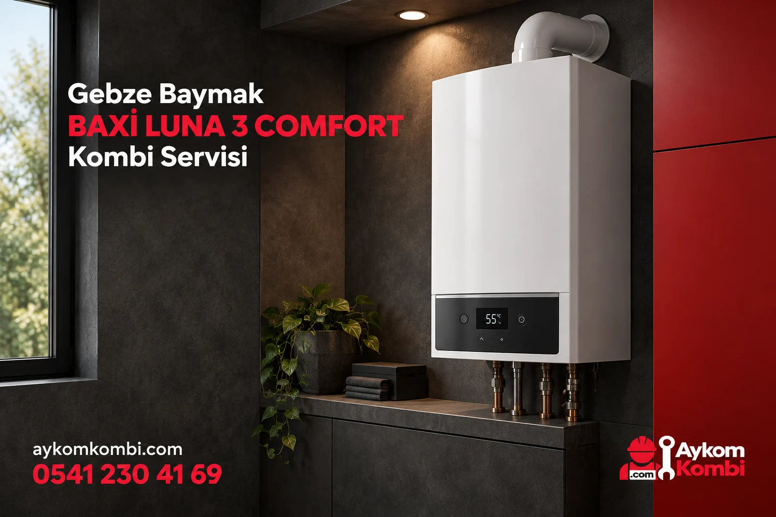 Baymak BAXİ LUNA 3 COMFORT servisi için temsili ısıtma cihazı ve Aykom kurumsal tasarımı