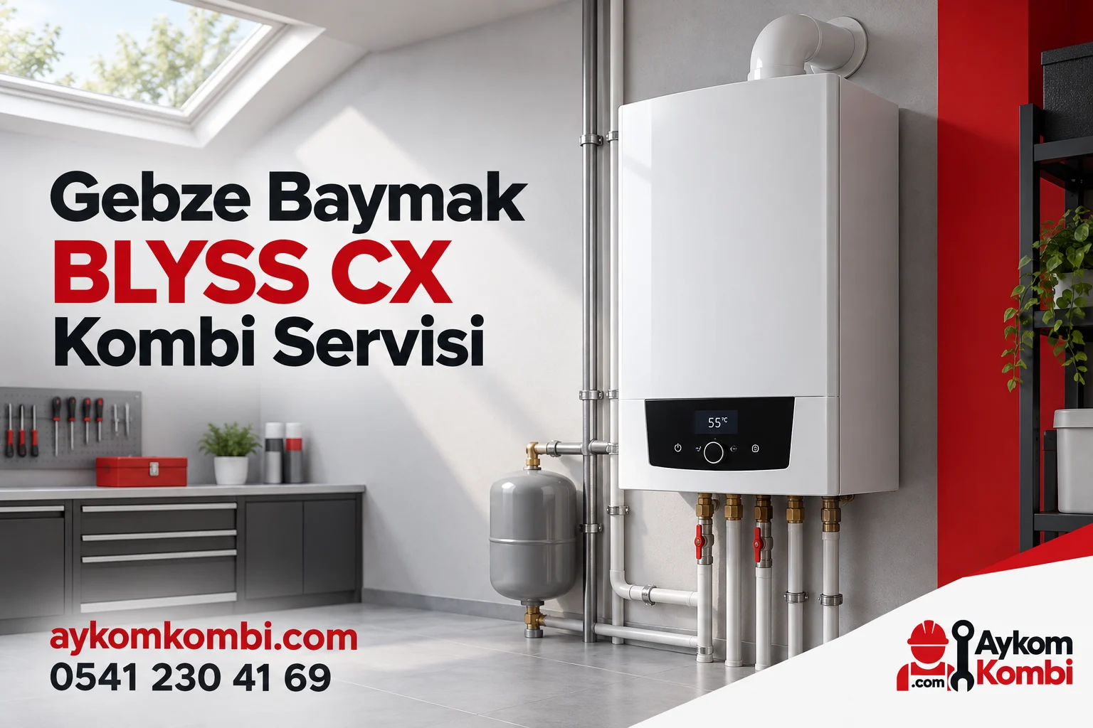 Baymak BLYSS CX servisi için temsili ısıtma cihazı ve Aykom kurumsal tasarımı