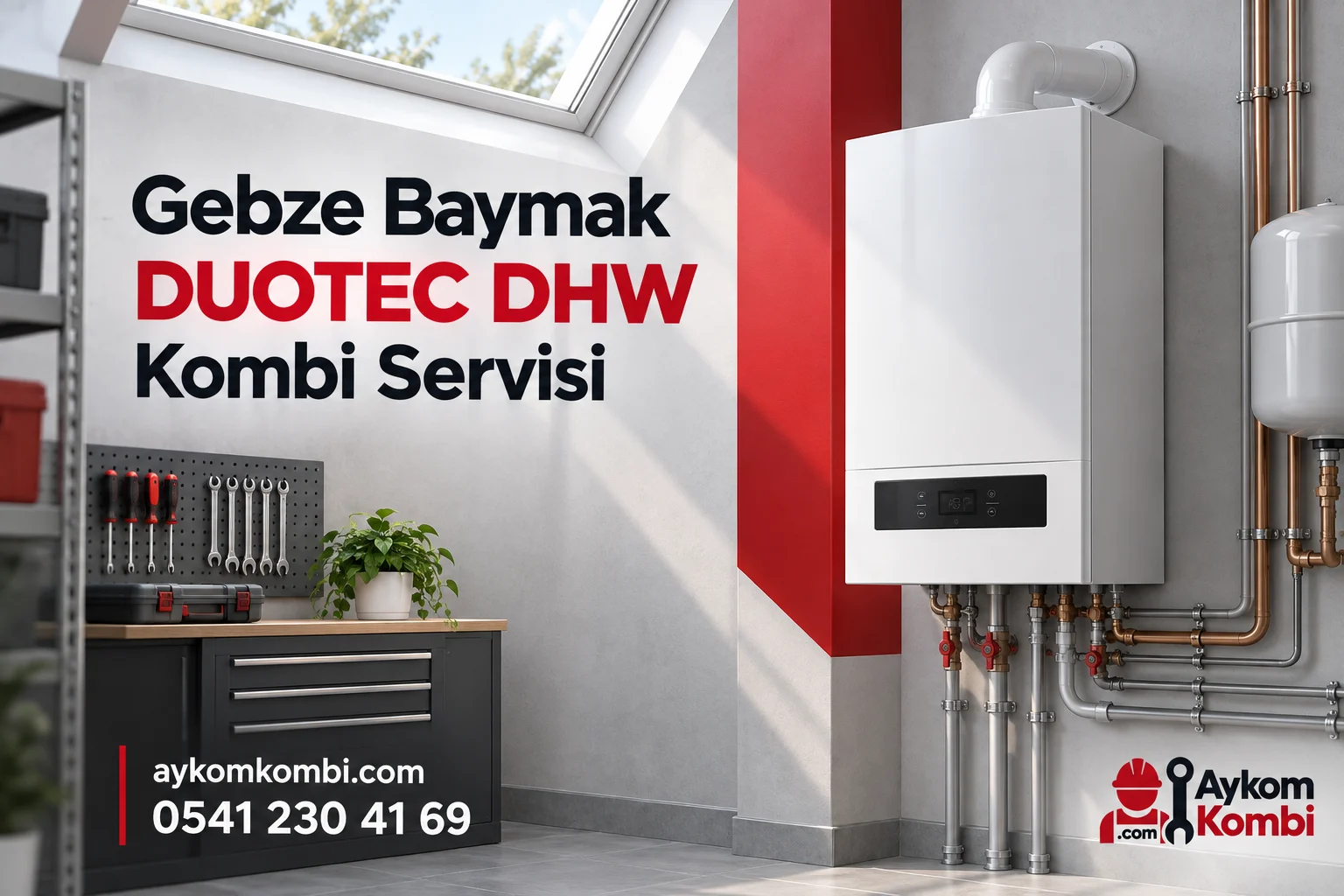 Baymak DUOTEC DHW servisi için temsili ısıtma cihazı ve Aykom kurumsal tasarımı