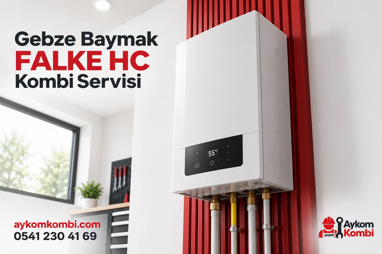 Baymak FALKE HC servisi için temsili ısıtma cihazı ve Aykom kurumsal tasarımı
