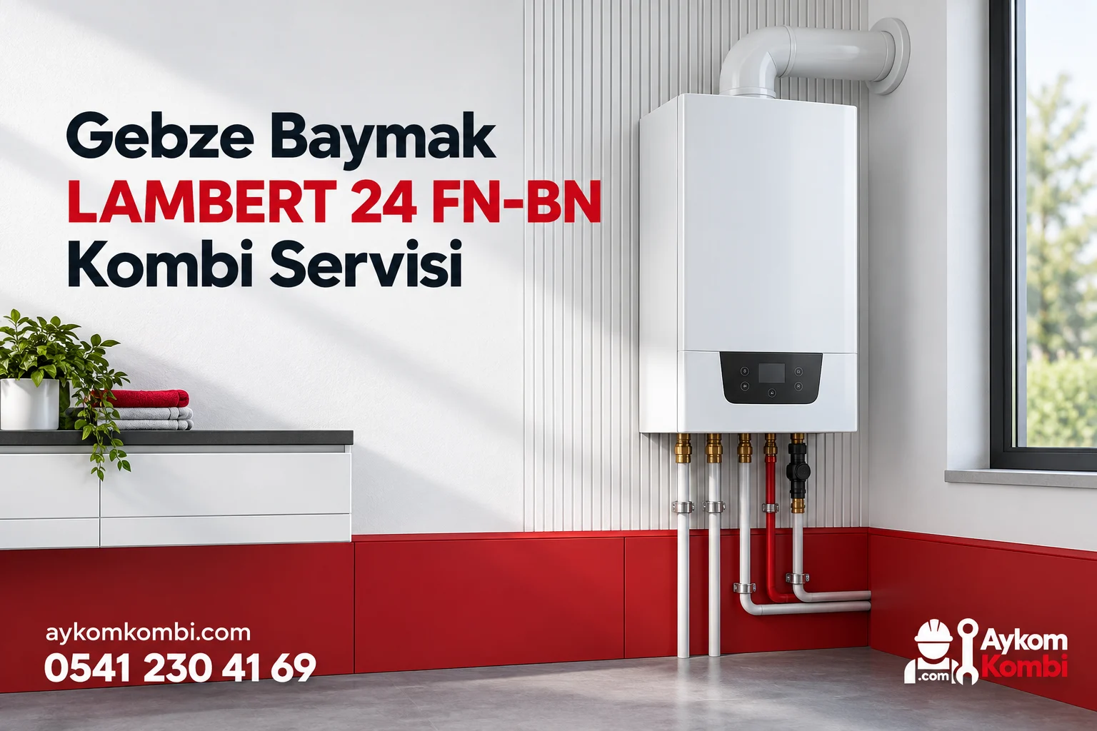 Baymak LAMBERT 24 FN-BN servisi için temsili ısıtma cihazı ve Aykom kurumsal tasarımı