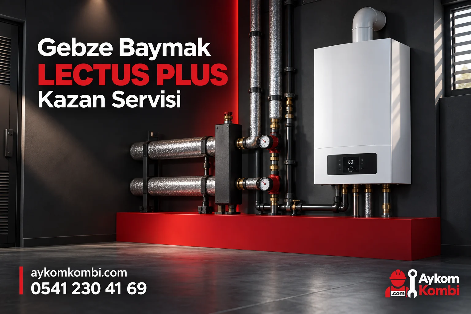 Baymak LECTUS PLUS KAZAN servisi için temsili ısıtma cihazı ve Aykom kurumsal tasarımı