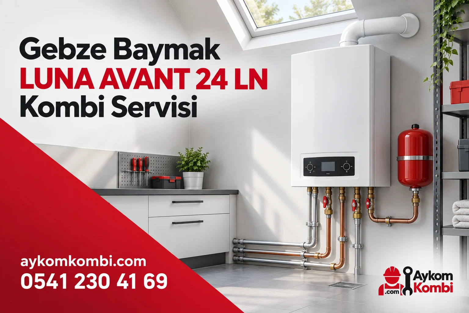Baymak LUNA AVANT 24 LN servisi için temsili ısıtma cihazı ve Aykom kurumsal tasarımı