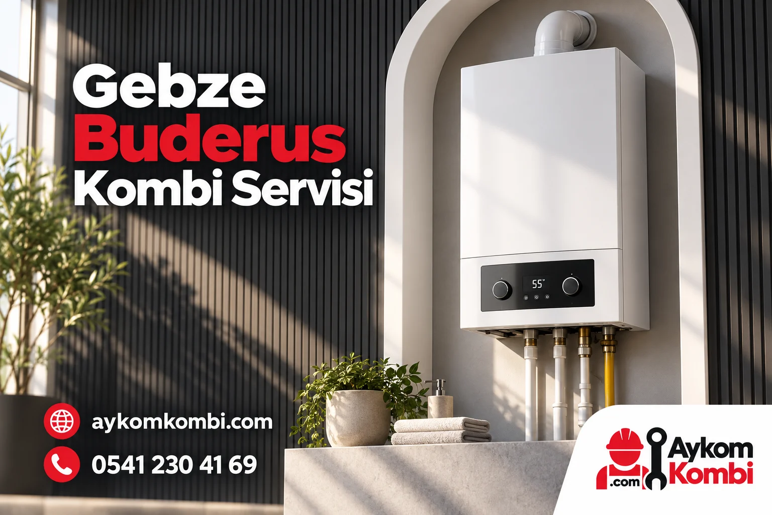 Buderus servis sayfası için temsili ısıtma cihazı ve Aykom kurumsal kapak tasarımı