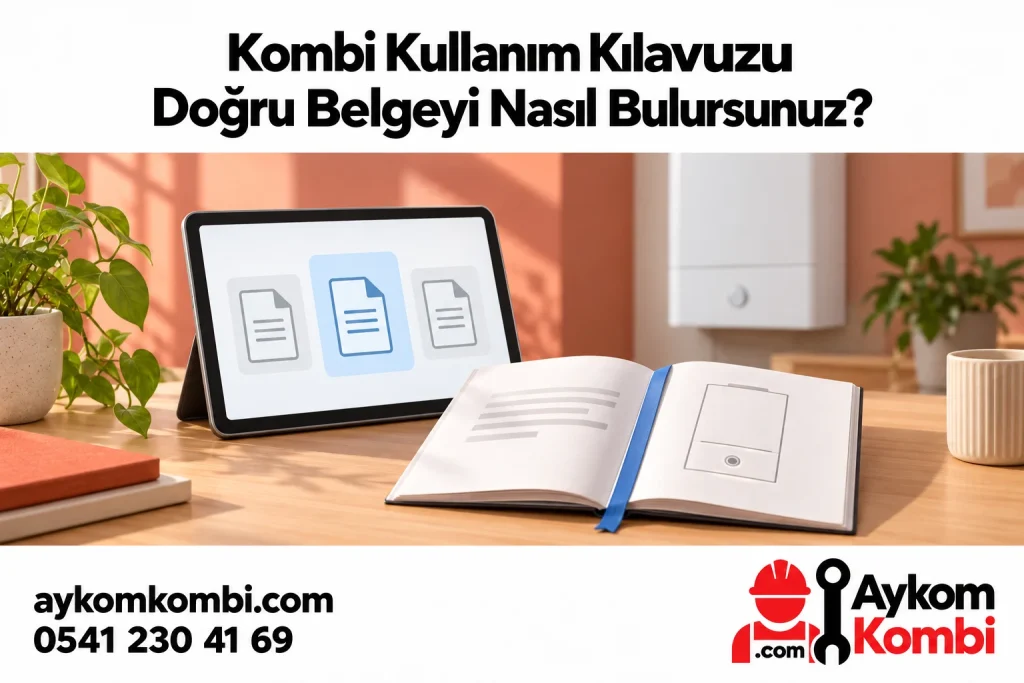 Tablet ve açık kitapçıkla doğru kombi kullanım kılavuzunu bulmayı anlatan editoryal illüstrasyon; gerçek üretici belgesi değildir.