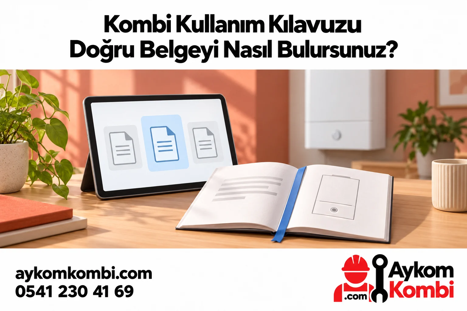 Tablet ve açık kitapçıkla doğru kombi kullanım kılavuzunu bulmayı anlatan editoryal illüstrasyon; gerçek üretici belgesi değildir.