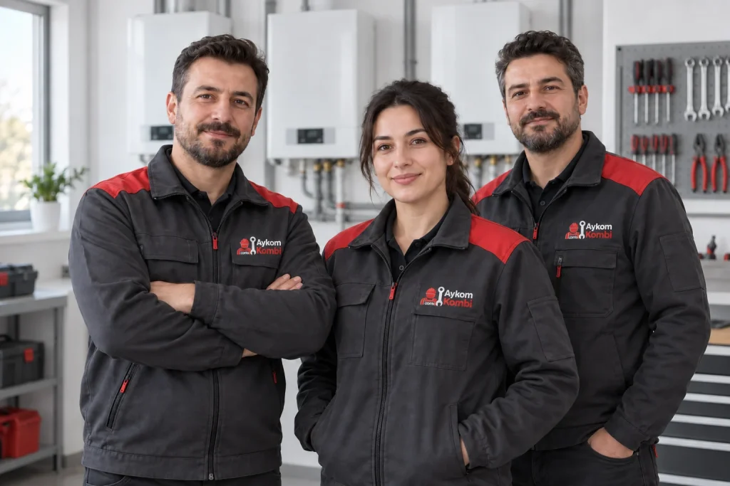 Aykom logolu kırmızı ve siyah iş kıyafetleriyle üç kişilik ekip