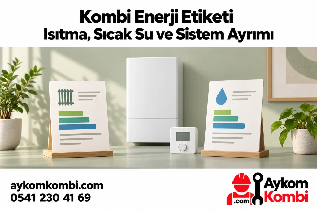 Kombi enerji etiketinde ısıtma ve sıcak su alanlarıyla ürün ve sistem ayrımını anlatan editoryal illüstrasyon; gerçek enerji etiketi değildir.