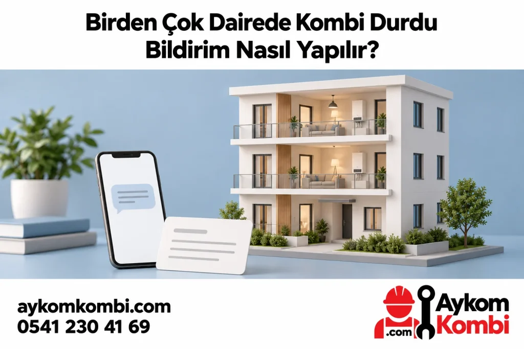 Ayrı dairelerdeki kombilerin eşzamanlı durmasını bildirmeyi bina maketi ve bilgi kartıyla anlatan editoryal illüstrasyon.