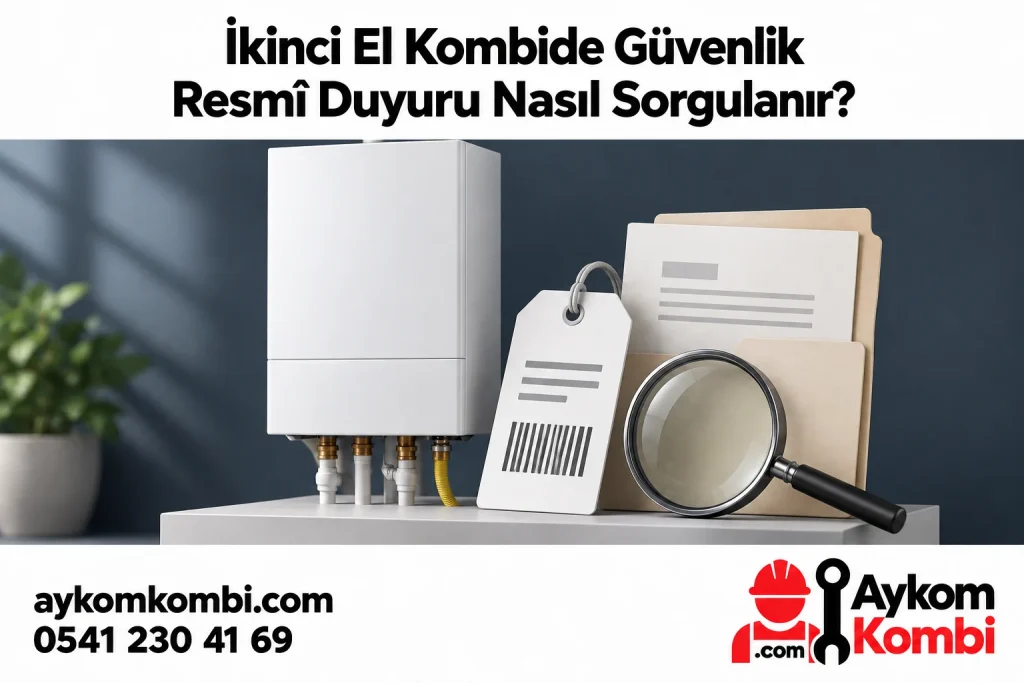 Kapalı kombi, temsili ürün kimlik kartı ve büyüteçle güvenlik duyurusu sorgulamayı anlatan editoryal illüstrasyon; gerçek belge veya güvenlik onayı değildir.