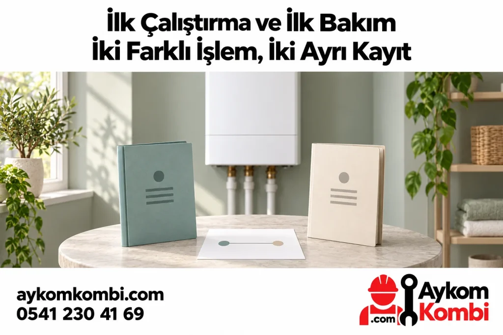 Kapalı kombi ve ayrı belge dosyalarıyla ilk çalıştırma ile bakım kayıtlarını ayıran editoryal illüstrasyon; gerçek işlem belgesi değildir.