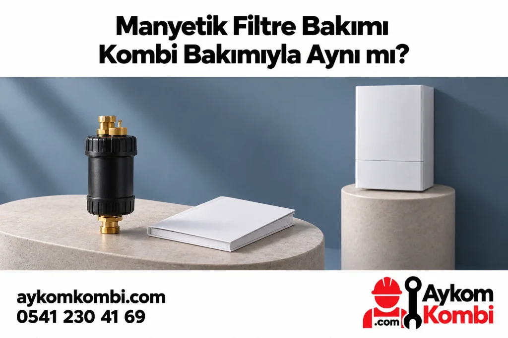 Harici manyetik filtre ile kapalı kombinin bakım kapsamlarını ayıran temsili editoryal illüstrasyon; ürün fotoğrafı veya montaj şeması değildir.