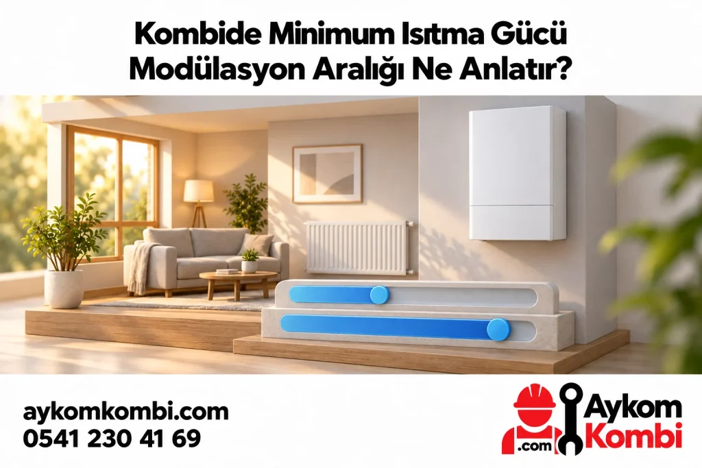 Oda maketi, kapalı kombi ve temsili aralık çubuklarıyla minimum ısıtma gücünü anlatan editoryal illüstrasyon; teknik ayar şeması değildir.