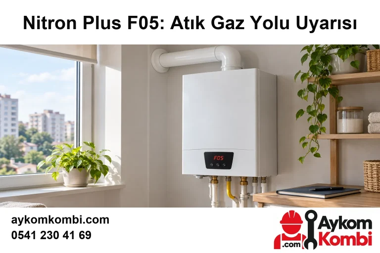 Nitron Plus F05 atık gaz yolu uyarısını temsili kombi ekranı ve görünen baca hattıyla anlatan editoryal illüstrasyon; gerçek cihaz veya ekip fotoğrafı değildir.