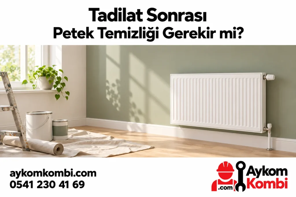 Tadilat malzemeleri ile kapalı radyatörü birlikte gösteren editoryal illüstrasyon