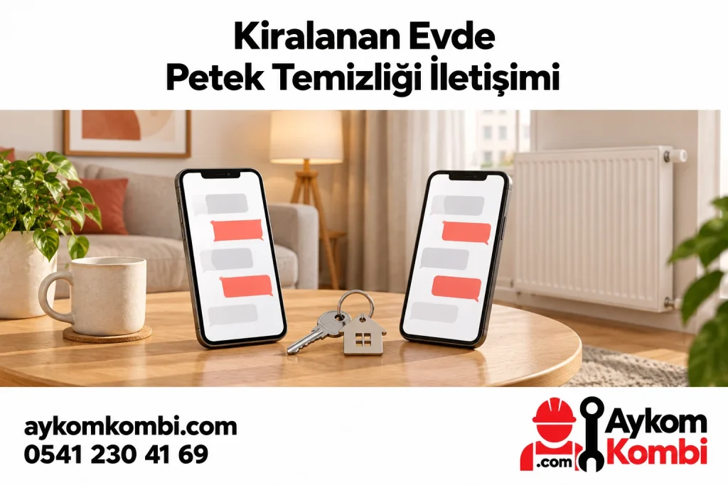 Kiralanan evde petek temizliği iletişimini anlatan telefonlar ve anahtar illüstrasyonu