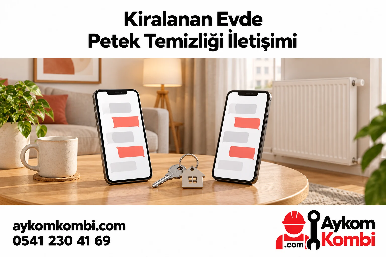 Kiralanan evde petek temizliği iletişimini anlatan telefonlar ve anahtar illüstrasyonu