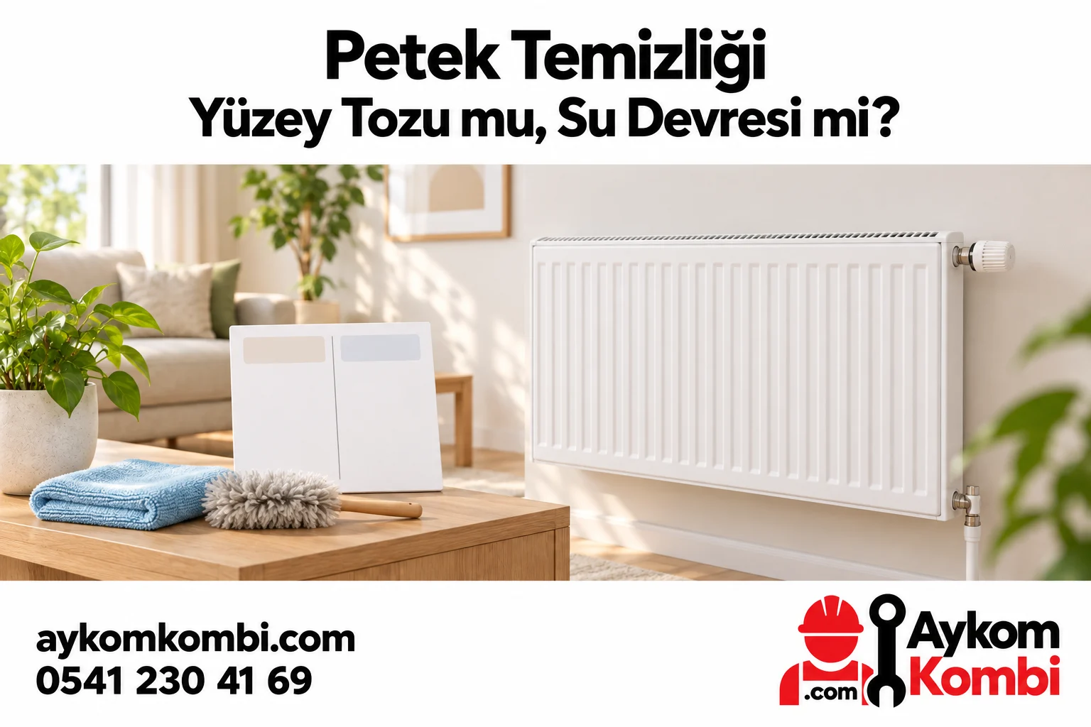 Kapalı radyatör, bez ve yumuşak fırça ile dış yüzey temizliği konusunu anlatan editoryal illüstrasyon.
