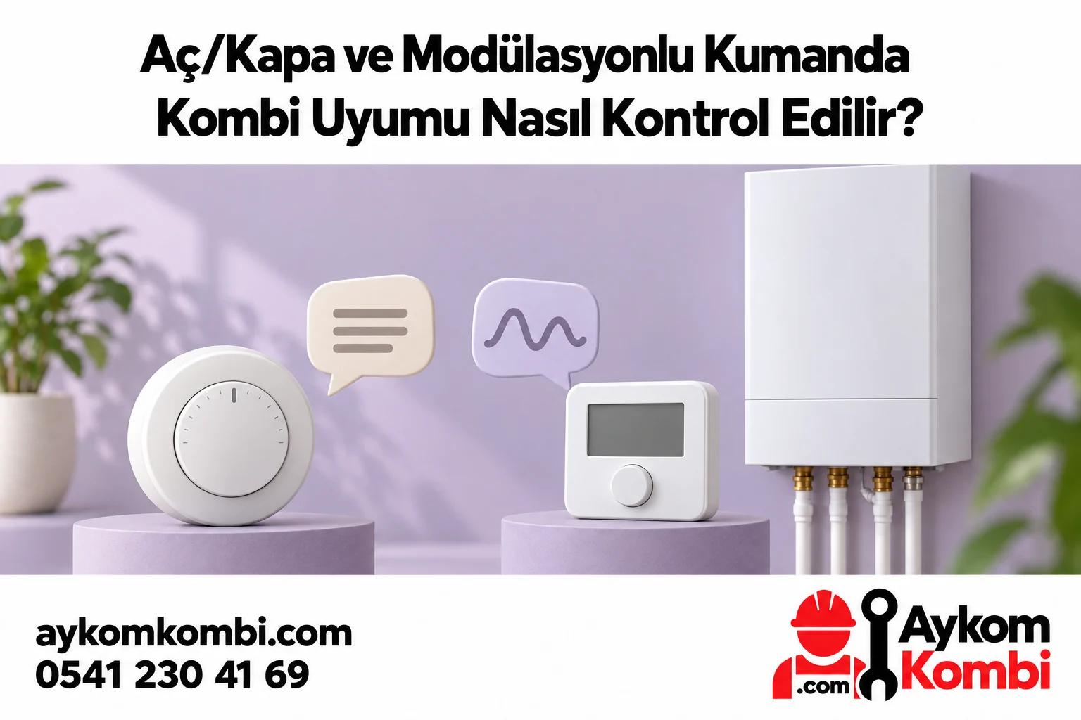 Farklı oda kumandaları ve temsili iletişim simgeleriyle kombi uyumunu anlatan editoryal illüstrasyon; gerçek uyumlu ürün paketi değildir.