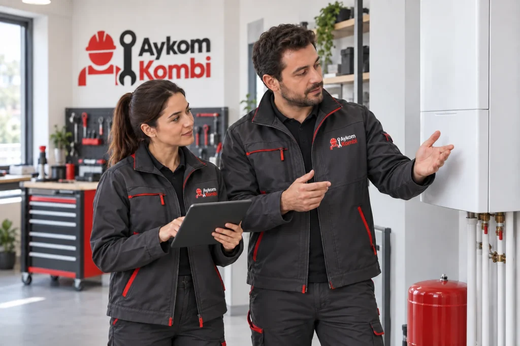 Aykom logolu kıyafetlerle cihaz başında servis planlaması