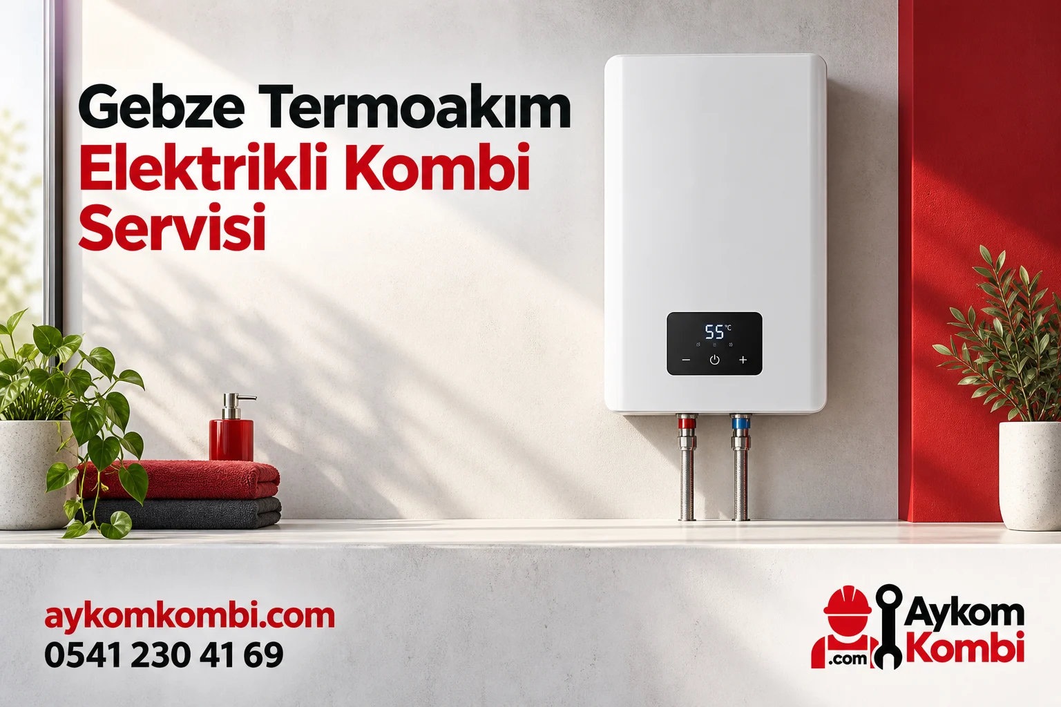 Gebze Termoakım Elektrikli Kombi Servisi için hazırlanmış temsili ısıtma cihazı ve Aykom kurumsal servis görseli