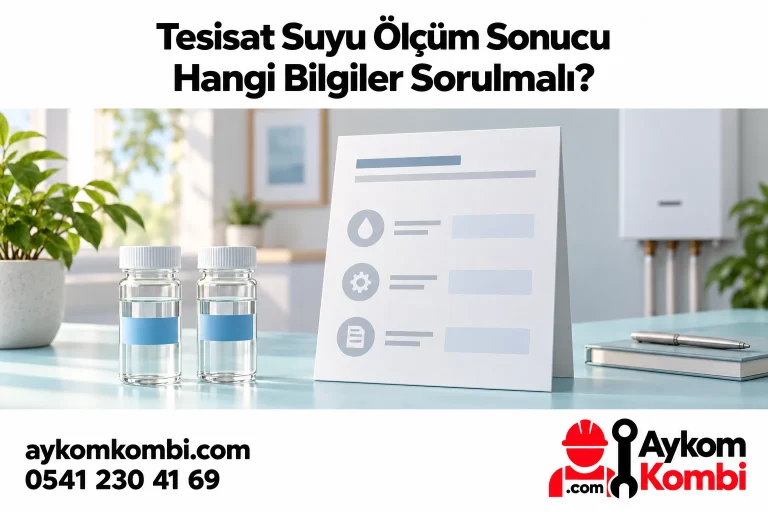 Kapalı numune şişeleri ve bilgi kartıyla tesisat suyu ölçüm belgesini okumayı anlatan editoryal illüstrasyon; gerçek ölçüm veya laboratuvar sonucu değildir.