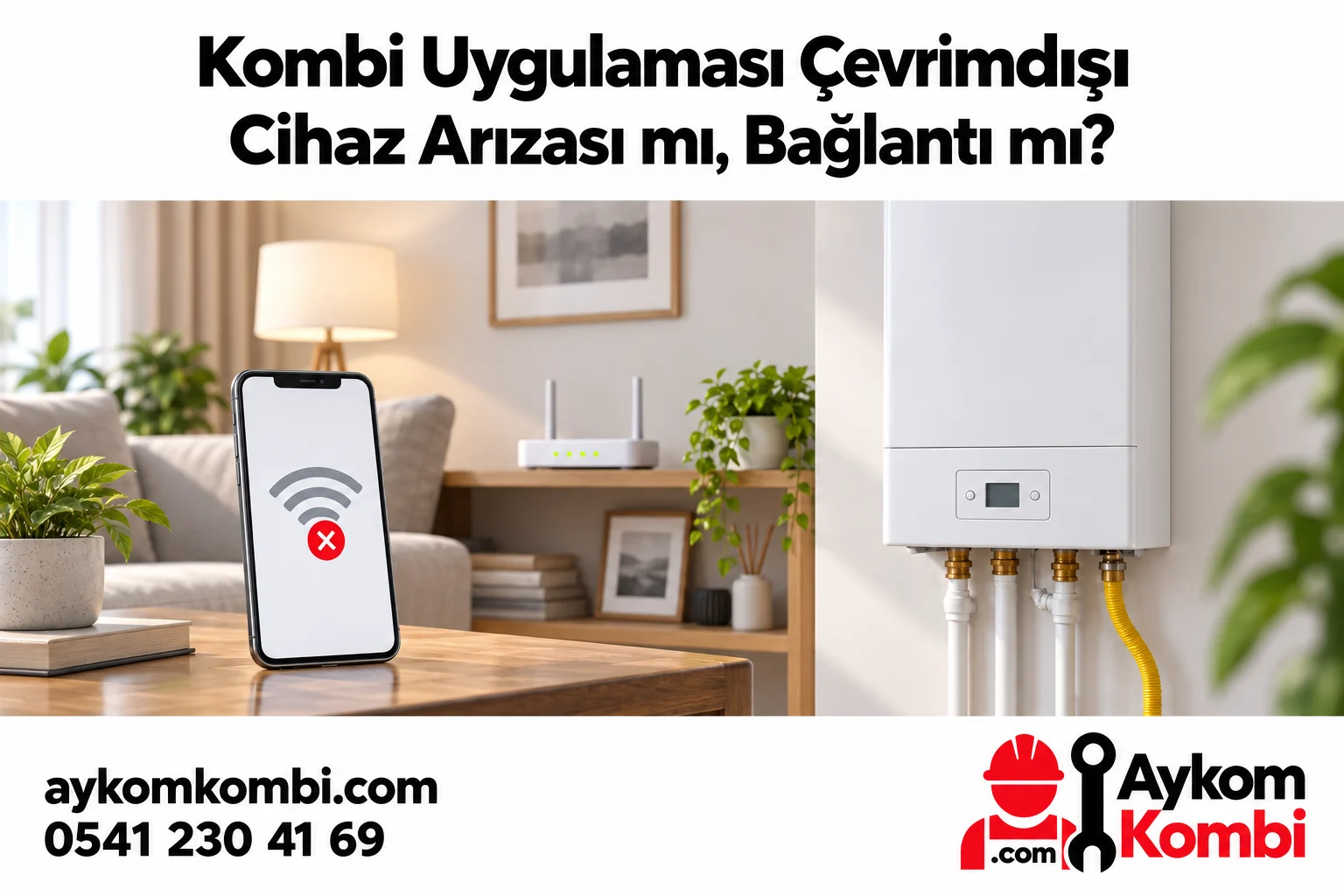 Çevrimdışı uygulama bildirimi ile yerel kombi durumunu ayıran telefon, yönlendirici ve kapalı kombi illüstrasyonu.