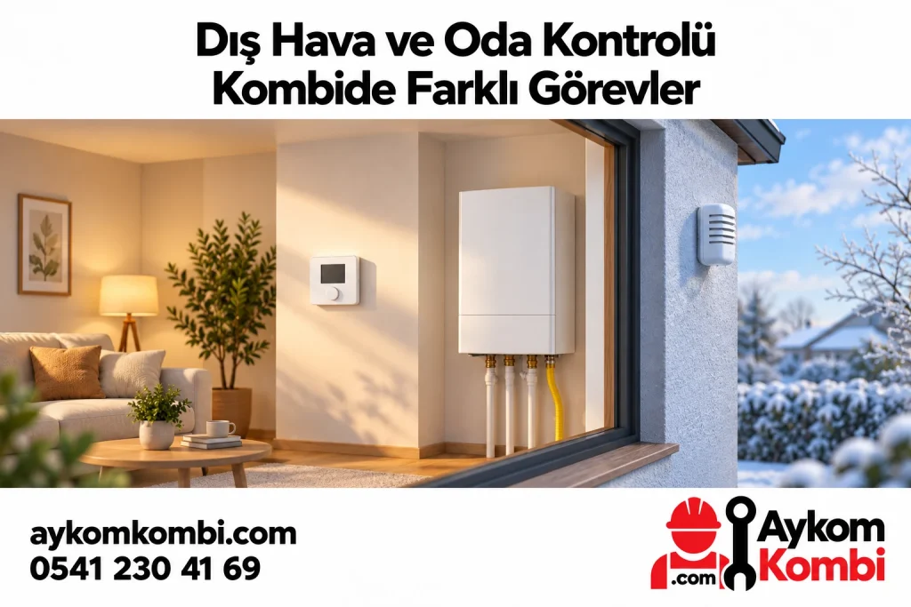 İç oda termostatı ve dış hava sensörünün farklı ölçüm yerlerini anlatan editoryal illüstrasyon; montaj şeması değildir.