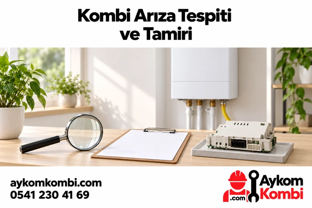 Kapalı kombi, boş değerlendirme formu ve büyüteçle arıza tespiti illüstrasyonu