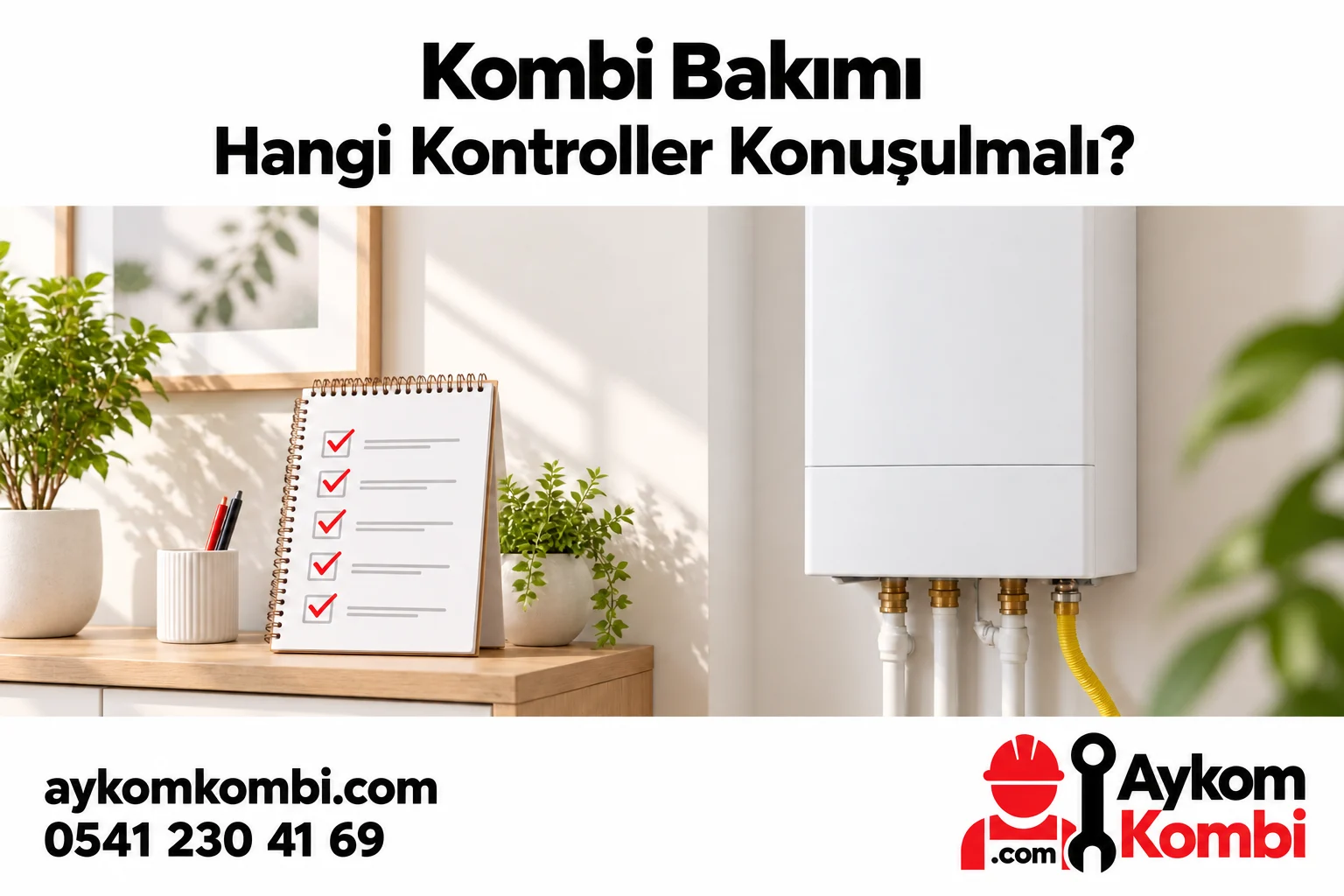 Kombi bakım görüşmesinde kontrol kapsamını anlatan Aykom illüstrasyonu