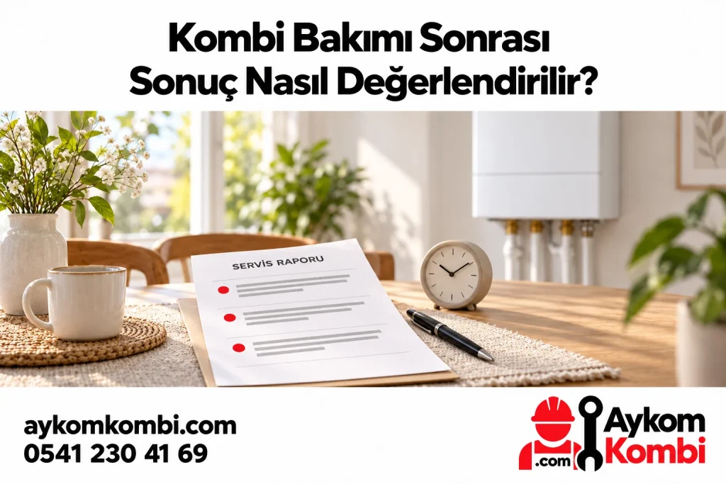 Bakım sonrası servis kaydını ve gözlemleri değerlendirmeyi anlatan Aykom illüstrasyonu