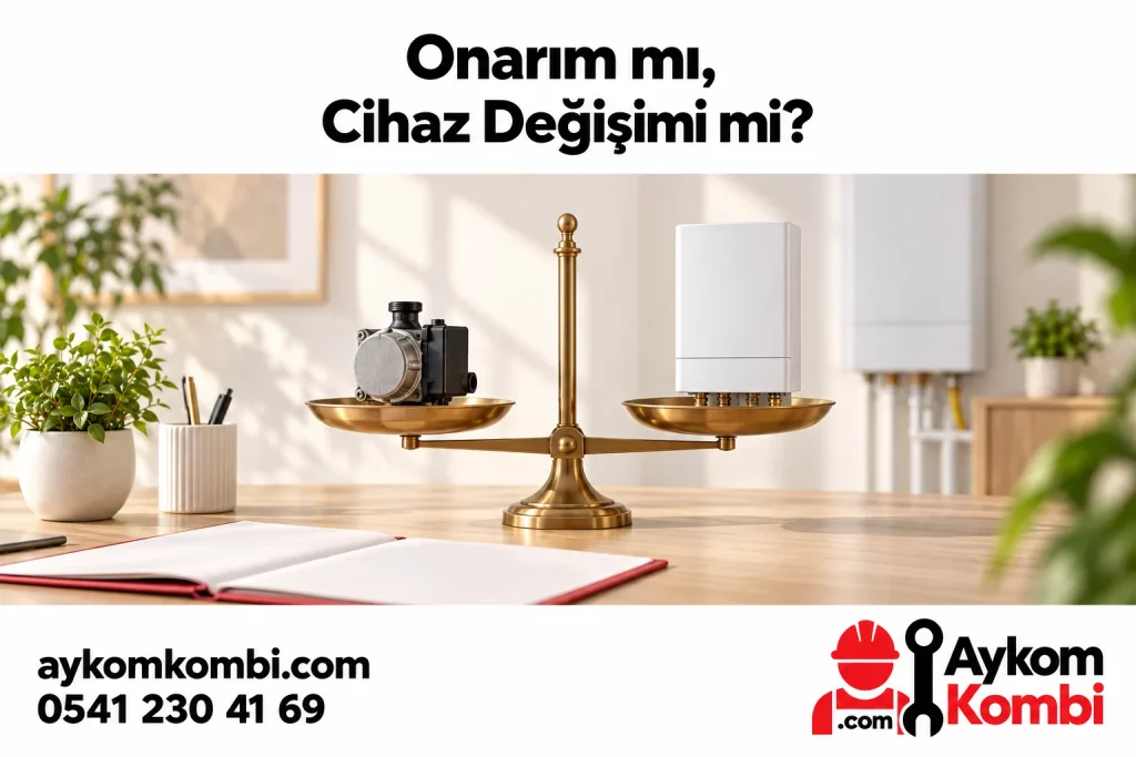 Kombi modeli ve parçayı dengeli terazide karşılaştıran onarım kararı illüstrasyonu