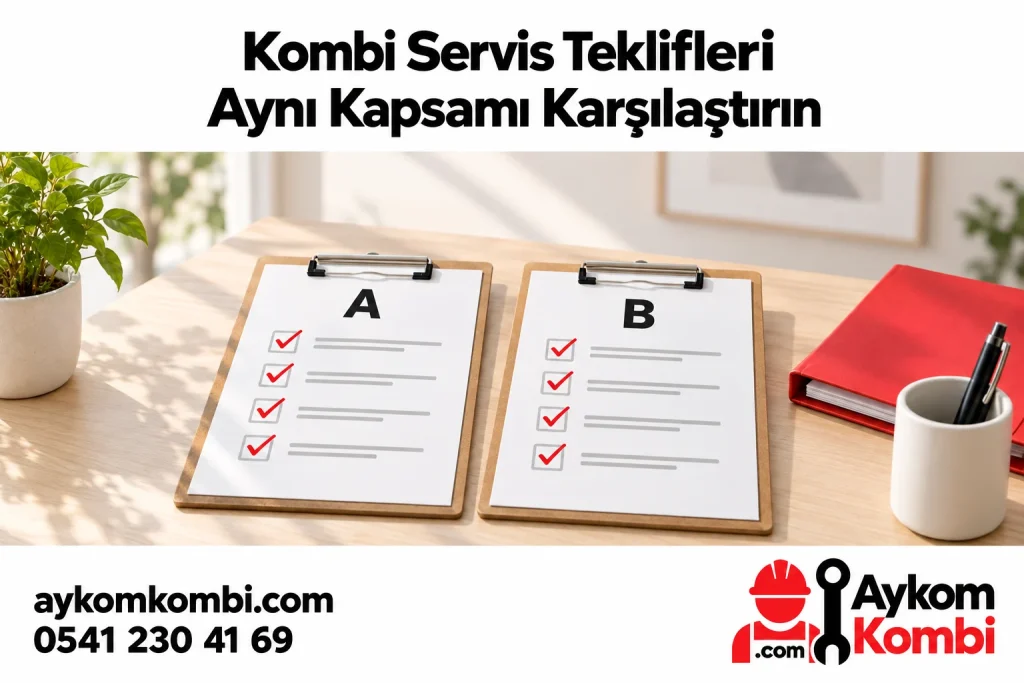 Kombi Servis Tekliflerini Karşılaştırma konusunu anlatan Aykom editoryal illüstrasyonu
