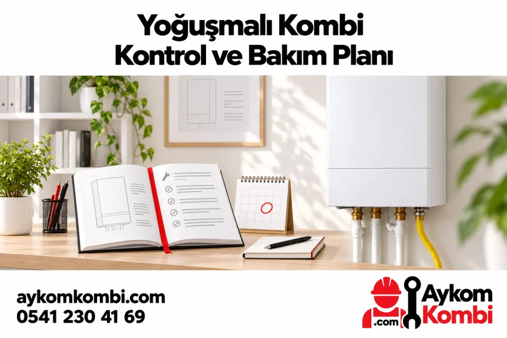 Yoğuşmalı kombinin modeline göre bakım planını okumayı anlatan Aykom illüstrasyonu