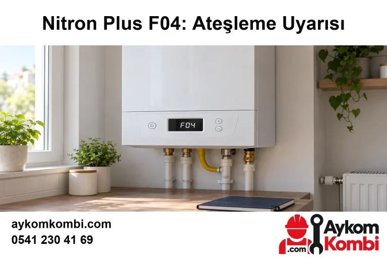 Nitron Plus F04 ateşleme uyarısını temsili kombi ekranıyla anlatan editoryal illüstrasyon; gerçek cihaz veya ekip fotoğrafı değildir.